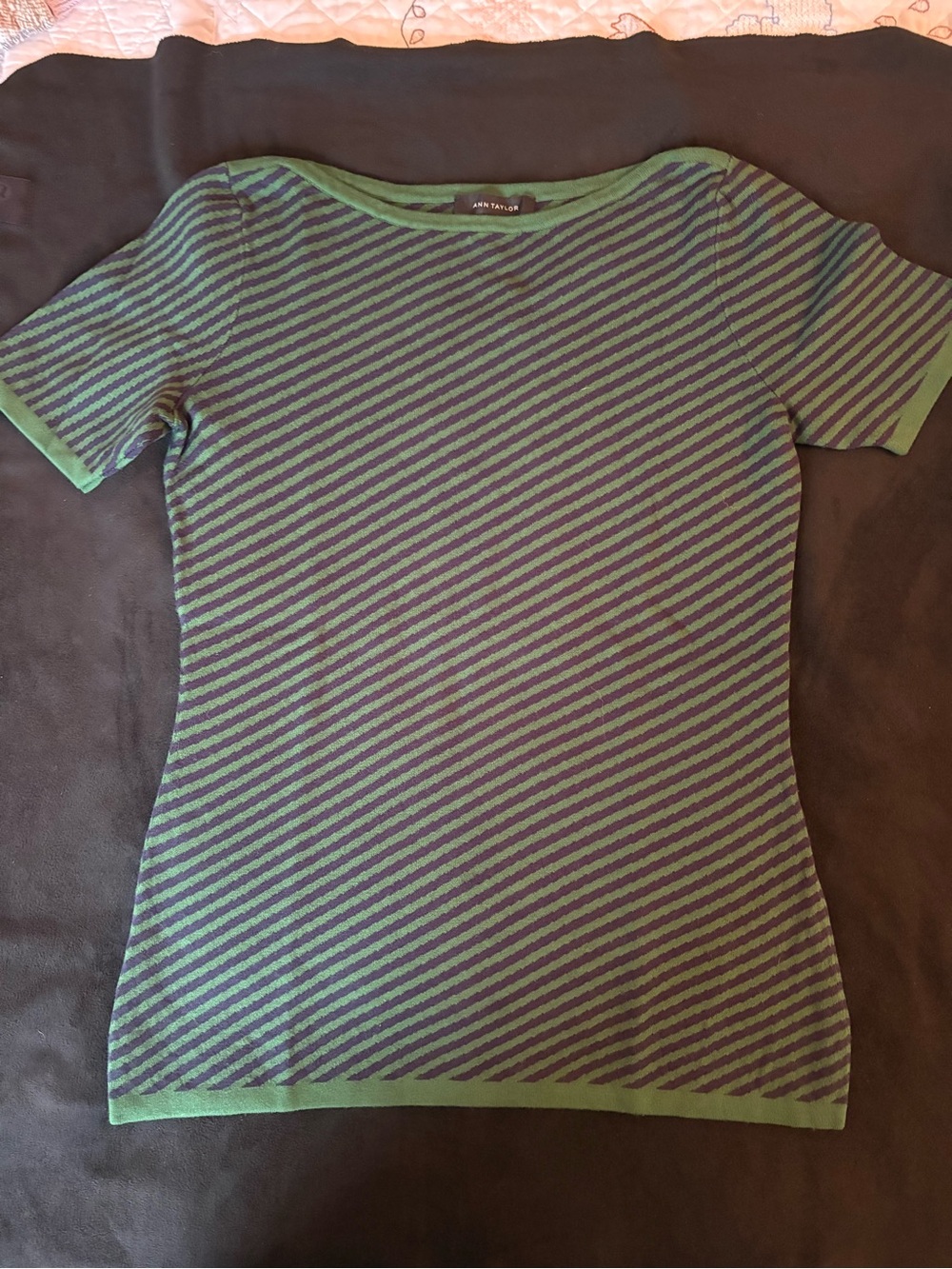 Ann Taylor Green and Black Diagonal Stripe Short Sleeve Top